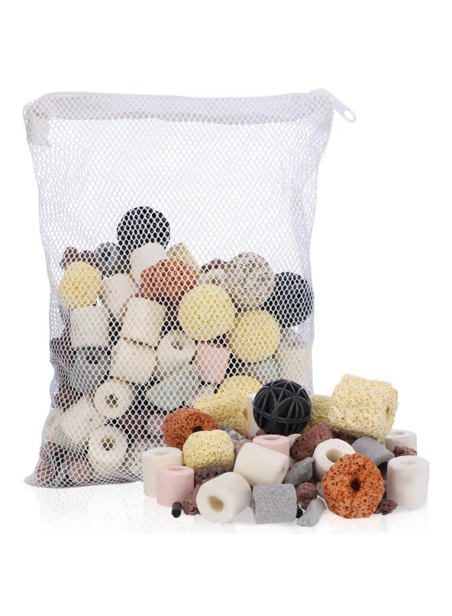 وسائط الترشيح، 12 في 1 وسائط بيولوجية لفلتر حوض سمك: حلقات سيراميك، كربون منشط، كرات بيو لوسائط الترشيح البيولوجي للمياه العذبة والمالحة، مناسبة لحوض أسماك الكوي وبرك ومرشحات العلبة (500g مع كيس شبكي) من مستلزمات احواض السمك - Image 1